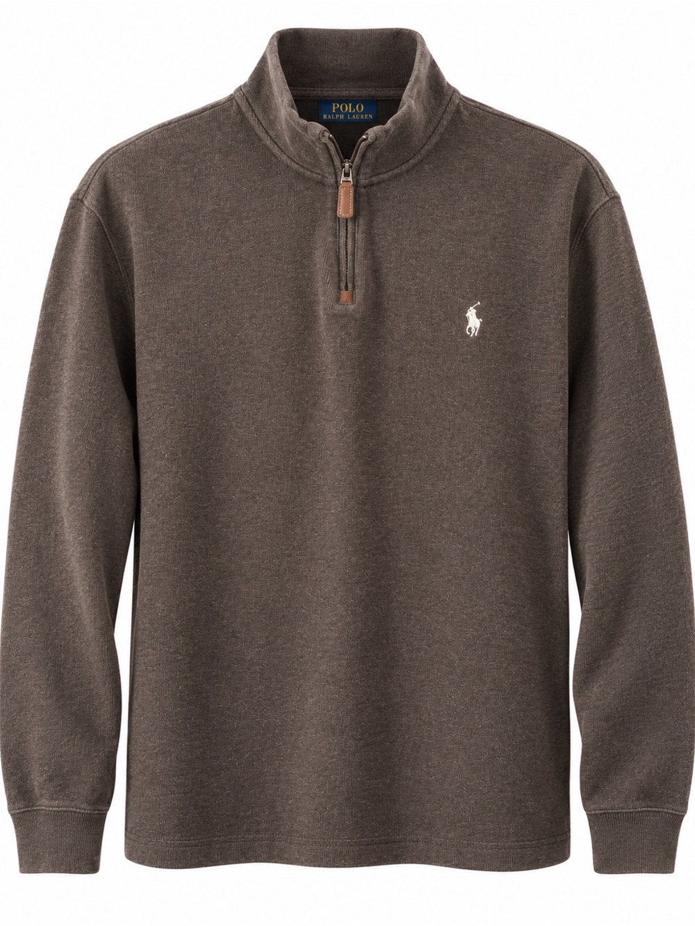 Polo by Ralph Lauren Men’s Brown Quarter-Zip Sweater with Leather Pull